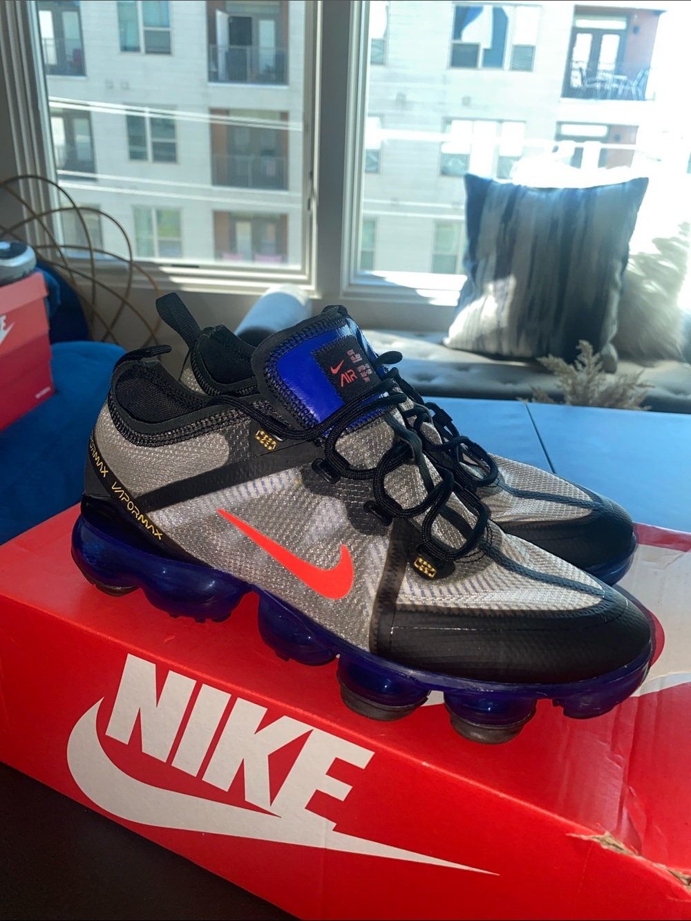 Nike VaporMax Running Shoes — Gray with Orange Swoosh and Royal Blue Details